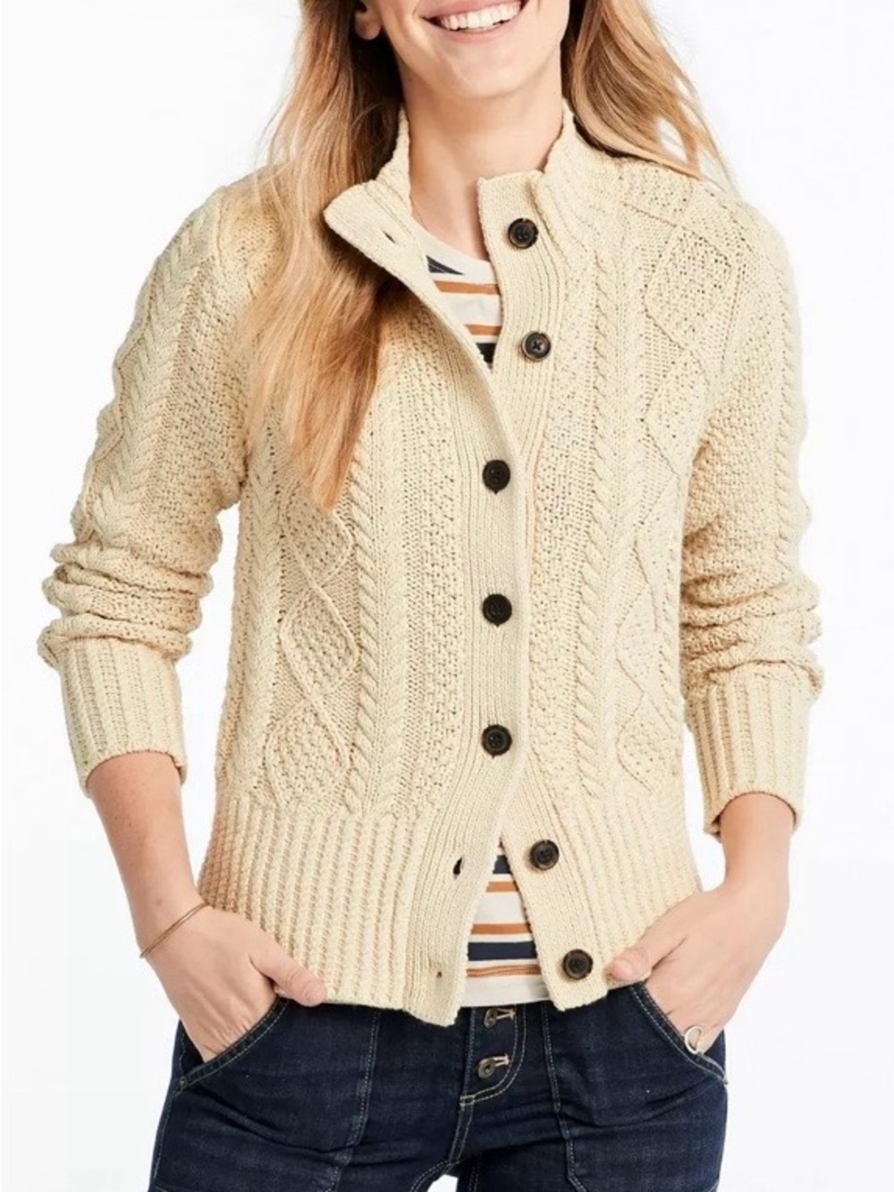 LL Bean Signature Cream Cable-Knit Button-Front Fisherman Cardigan